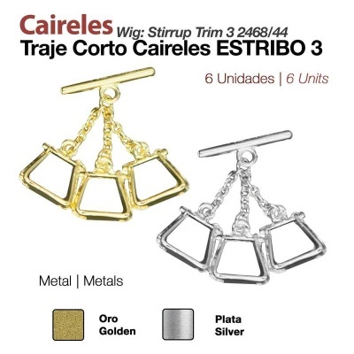 Conjunto de estribos de metal dourados e prateados para perucas sobre fundo branco