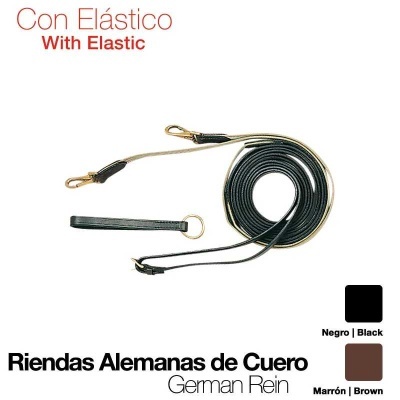 Rédeas alemãs de couro preto com fivelas douradas e argola metálica