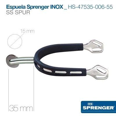 Espuela metálica Sprenger INOX preta com marcações e logótipo HS SPRINGER