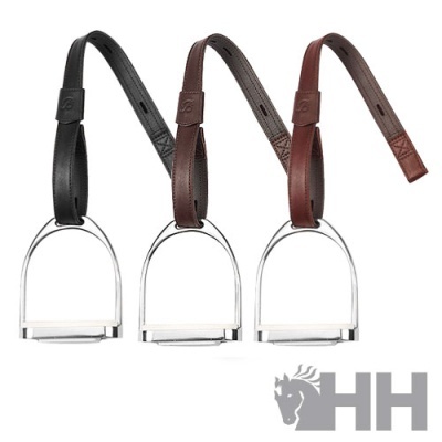 Três estribos com correias de pele em várias cores e logotipo HH cinzento