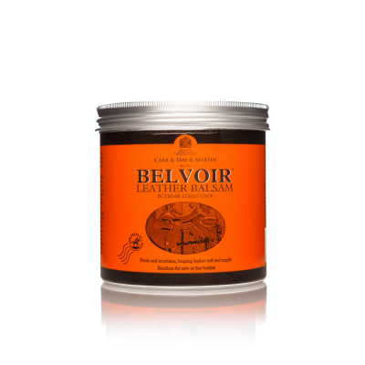 Frasco de bálsamo para couro BELVOIR com rótulo laranja e tampa metálica.