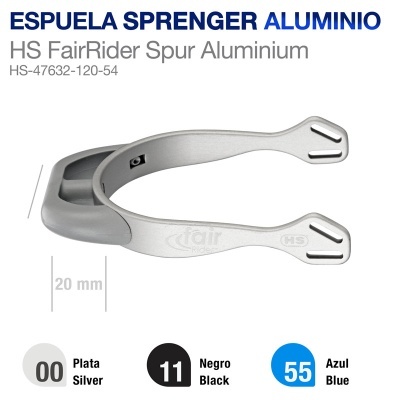 Espora de alumínio cinzenta HS FairRider com texto e códigos de modelo.