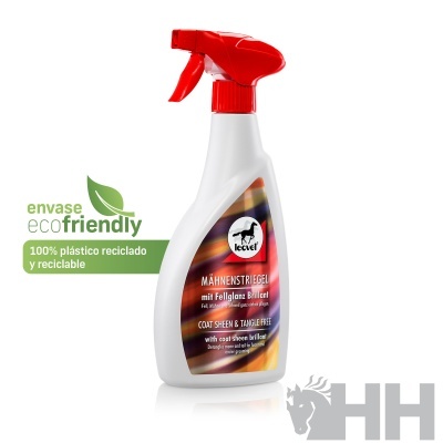 Frasco de spray branco com tampa vermelha para uso em cavalos, rótulo colorido e texto em alemão e inglês.
