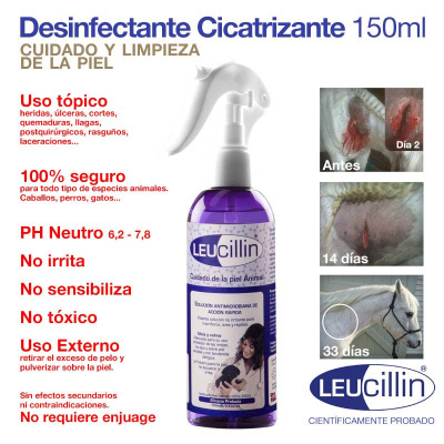 Frasco de spray desinfetante cicatrizante LEUCillin para pele de animais com imagens de cicatrização em cavalo