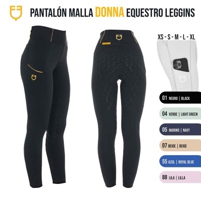 Leggings de equitação femininas pretas com detalhes amarelos e logo FJ