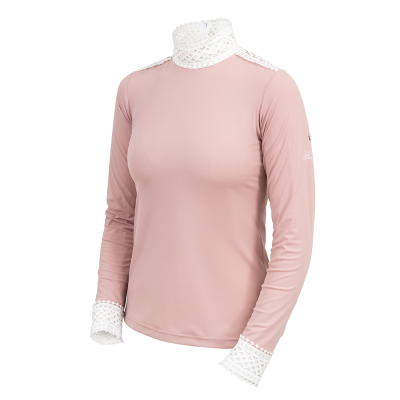 Camisola rosa feminina com renda branca na gola e punhos