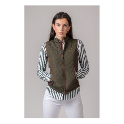 Colete acolchoado verde-oliva feminino com fecho de correr castanho.