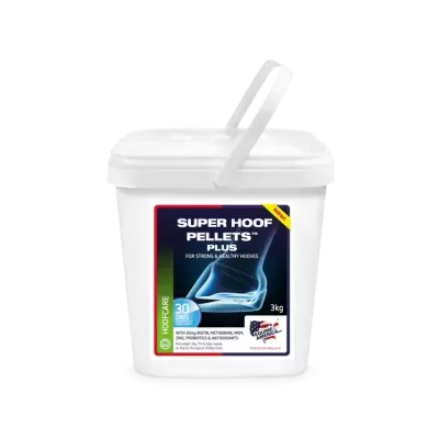 Recipiente branco com etiqueta de suplemento para cascos de cavalos