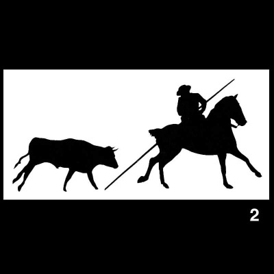 Silhuetas a preto e branco de touro e cavaleiro com lança num cavalo