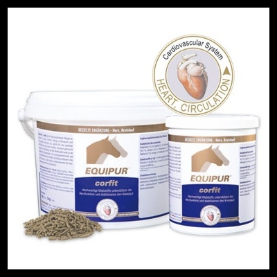 Suplemento EQUIPUR para cavalos com pellets castanhos e ícone de sistema cardiovascular