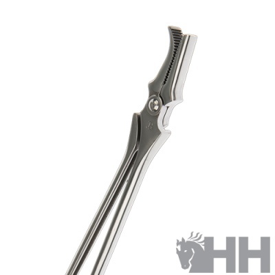 Pinça metálica prateada com dentes serrilhados e logotipo HH