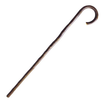 Bengala tradicional de madeira castanho escuro com curva no topo