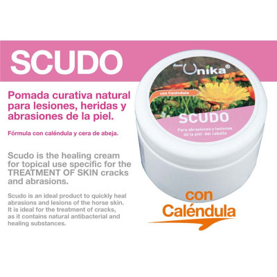 Frasco branco de pomada SCUDO com etiqueta rosa e amarela com calêndula