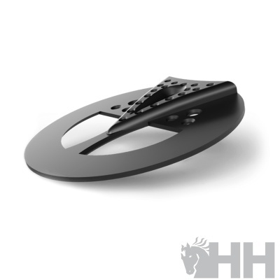 Peça metálica preta oval com orifícios perfurados sobre fundo branco e logótipo HH