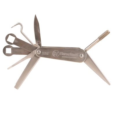 Ferramenta multiusos metálica prateada com várias lâminas e ferramentas abertas