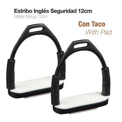 Estribo Inglês Segurança 12cm metálico preto com apoio antiderrapante branco e almofadas pretas