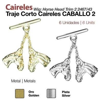 Par de cai­reles de metal com cabeças de cavalo em ouro e prata, embalagem de 6 unidades