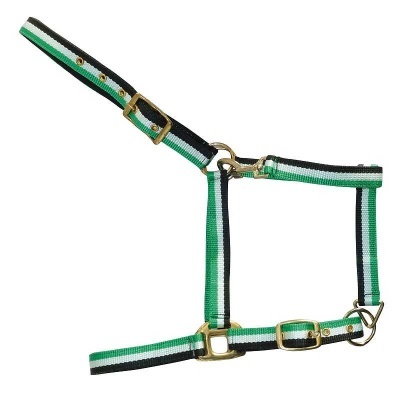 Cabresto de tecido com fivelas douradas e cores verde, branco e preto