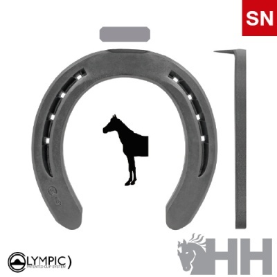 Ferradura cinzenta metálica com orifícios, vista frontal e lateral, sobre fundo branco com logotipos e texto