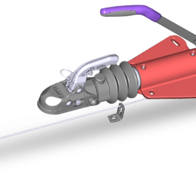 Aparelho de reboque metálico vermelho com manípulo roxo e gancho