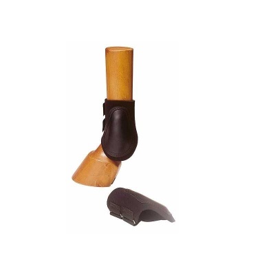 Protetores pretos para patas de cavalo em couro sintético com suporte de madeira
