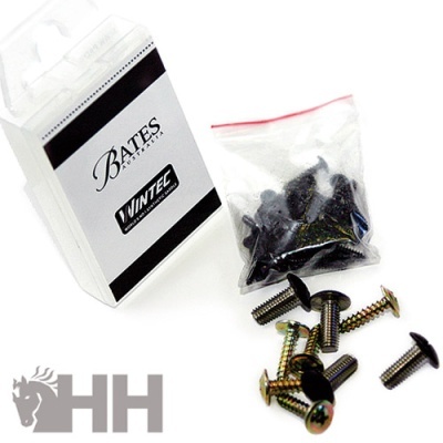 Parafusos metálicos com cabeça preta, saco plástico e embalagem branca com texto