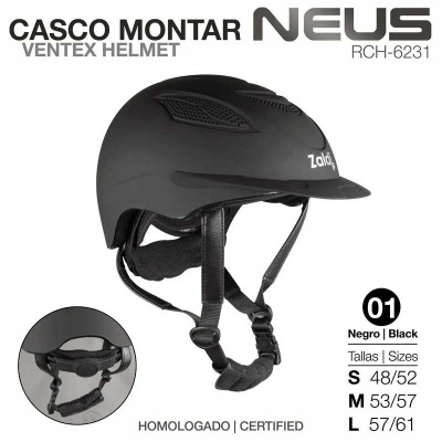 Capacete de montar preto fosco com texto de tamanhos e certificação