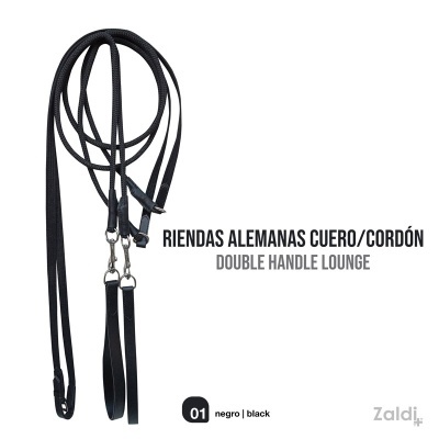 Rédeas alemãs preto em couro e cordão com duas pegas