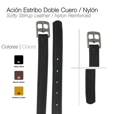 Peça de couro com fivela metálica, em três cores: preto, marrom e amarelo. Texto em espanhol e inglês em fundo branco.