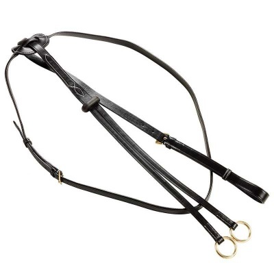 Cabeçada de cavalo em pele preta com argolas metálicas douradas