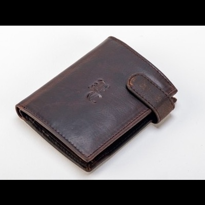 Carteira de couro castanho escuro com fecho e relevo de cavalo