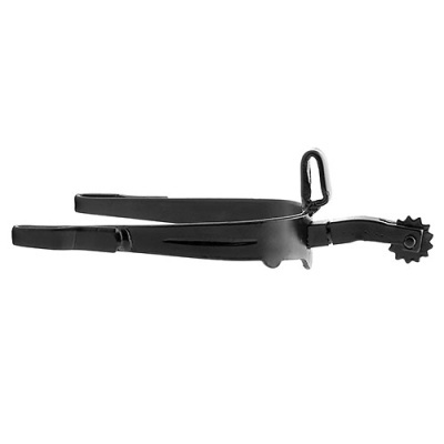 Espora equestre preta em metal com bracelete e esporão dentado