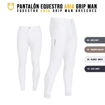 Calças brancas de equitação Pantalón Equestro Aria Grip Man em fundo branco