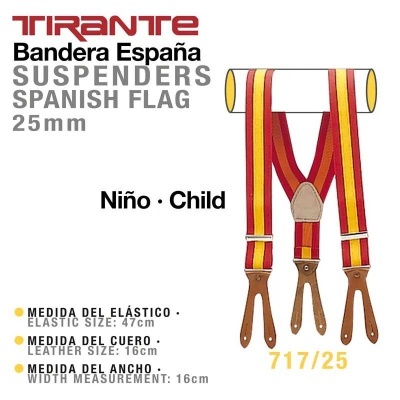 Suspensórios padrão bandeira de Espanha vermelho e amarelo para criança com detalhes em couro castanho