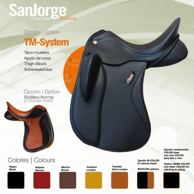 Duas selas de cavalo SanJorge em várias cores e estilos com texto explicativo