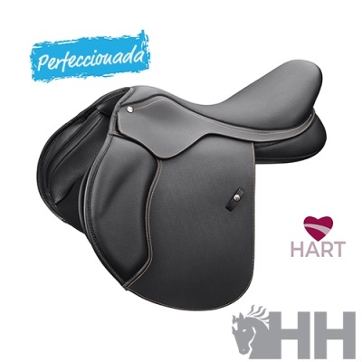 Sela de equitação preta com textos Perfeccionada, HART e logo HH