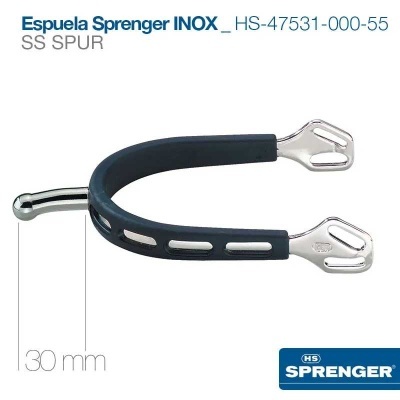 Espora de metal inox revestida a preto com ponteiras metálicas e marca HS SPRENGER