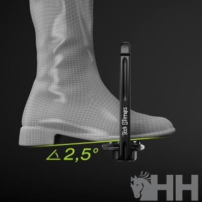 Pé em sapato sobre estribo preto com inscrição Tech Stirrups em fundo preto