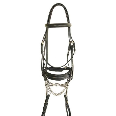 Peça de sela para cavalo em couro preto com detalhes metálicos prateados