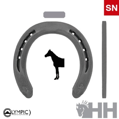 Ferradura cinzenta com símbolo do cavalo e logos HH e Olympic em fundo branco