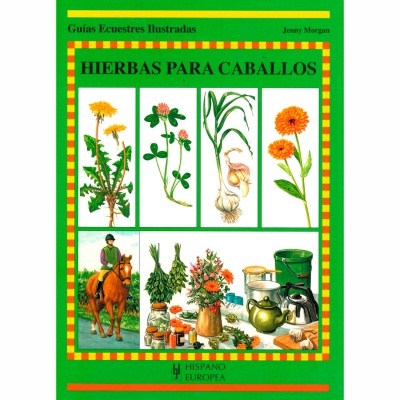 Capa de livro verde com título Hierbas Para Caballos e ilustrações de plantas e cavalo.
