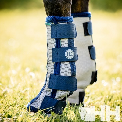 Botas protectoras azuis e brancas para pernas de cavalo num campo de relva