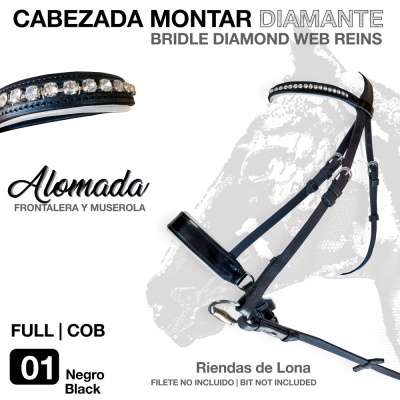 Cabeçada de montar preta com diamantes e texto descritivo