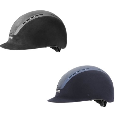 Dois capacetes de equitação UVEX, um preto com cinza e outro azul escuro com azul claro