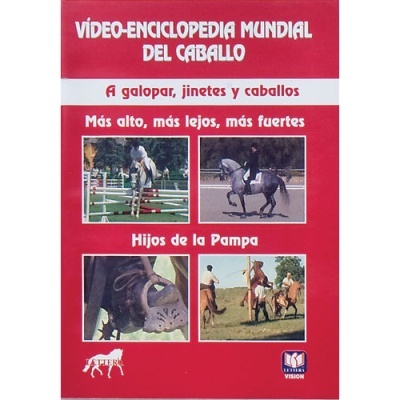 Capa vermelha de vídeo sobre cavalos com imagens de cavaleiros e texto em espanhol