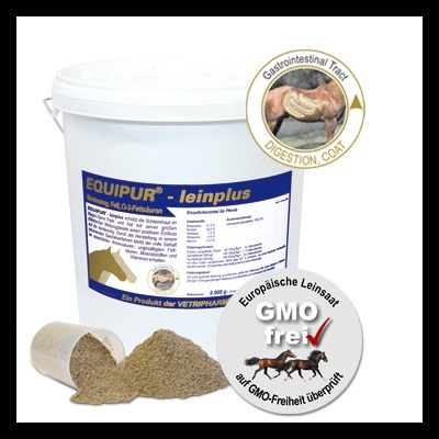 Balde de suplemento EQUIPUR - leinplus para cavalos com rótulo azul e branco.