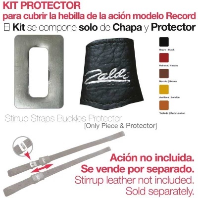 Kit protector para fivela da ação modelo Record com chapa metálica e protetor de pele preta com texto Caldi em branco