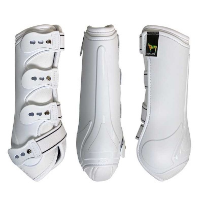 Proteções brancas para cavalos com velcro e logo REOGANES.