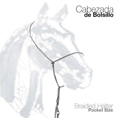 Cabresto trançado tamanho de bolso com ilustração da cabeça de cavalo e texto