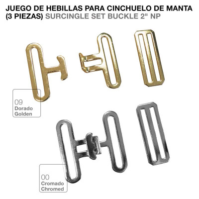 Três fivelas metálicas para cinchuelo de manta nas cores dourado e cromado em fundo branco